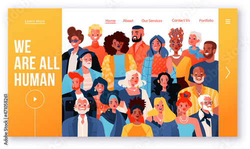 LandingLanding page template with group of smiling men and women, different nationalities and ages. Portrait of different stylish people standing together. Concept of equality between people web site 
