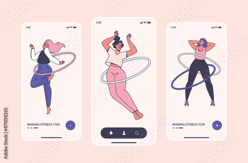 Mobile app page onboard screen template fitness concept. Girls exercise with waist hoops, hula hoops. Flat cartoon style with outlines. Healthy lifestyle concept, fun morning exercise for girls.