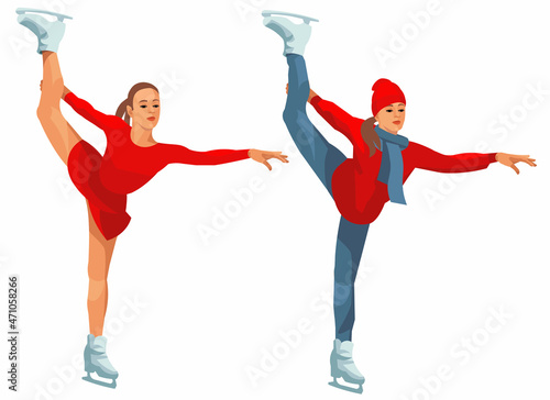 A figure skater girl in red clothes holds on to a high-lifted leg while skating on a skating rink