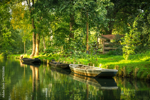 Drei kleine Holzboote liegen am Ufer eines Kanals im Spreewald