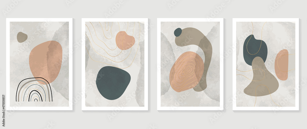 Abstract organic art background vector. Hand painted Fluid, curving forms and muted mid-century colors with watercolor stain texture and golden line art. Good for invitation, poster, prints, wall art