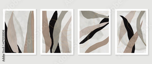 Abstract organic art background vector. Hand painted Fluid, curving forms and muted mid-century colors with watercolor stain texture and golden line art. Good for invitation, poster, prints, wall art