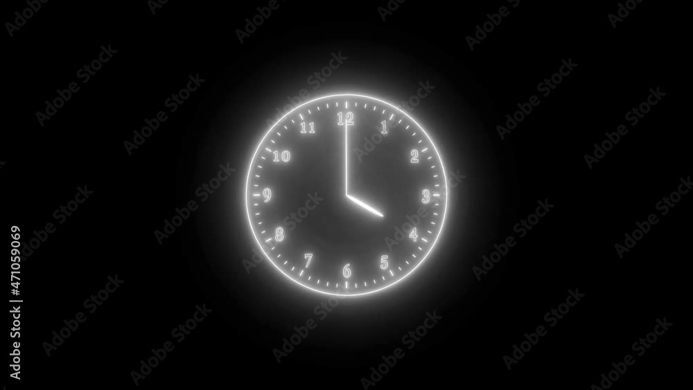 White neon light analog clock isolated animated on black background White neon light analog clock isolated animated on black background