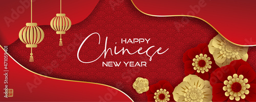 Chinese new year banner with flowers on red background. Vector illustration for greeting card, invitation, posters, brochure, flyers. Translation: Everything is going very smoothly and auspicious.