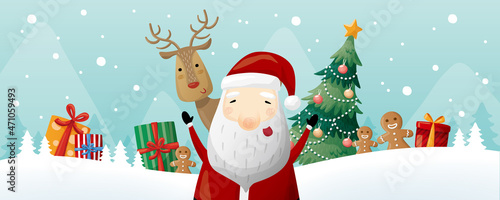 Christmas banner with Santa, reindeer, gift boxes, Christmas tree and gingerbread man. Vector illustration for banner, flyer, greeting card, poster and advertisement.