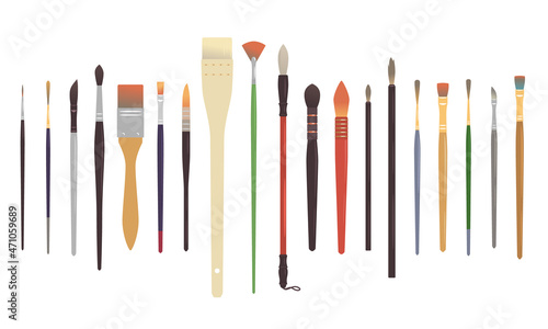 Art brushes for painting. Different types of brushes for painting. Paint brushes set in row on white isolated background. Vector illustration on white background.