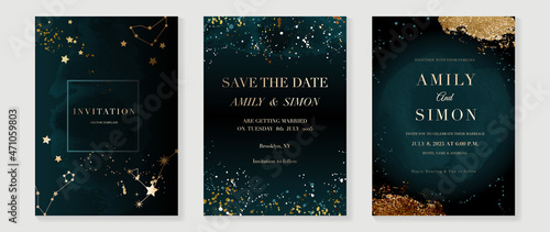 Star and moon themed wedding invitation vector template collection. Gold and luxury save the dated card with watercolor and gold sparkles and brush texture. Starry night cover design background.