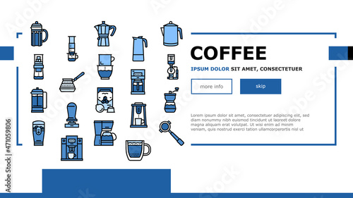 Coffee Make Machine And Accessory Landing Web Page Header Banner Template Vector. Coffee Maker Electronic Device And Aeropress Tool, Syphon And Percolator For Prepare Energy Drink Illustration