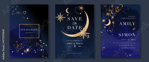 Star and moon themed wedding invitation vector template collection. Gold and luxury save the dated card with watercolor and gold sparkles and brush texture. Starry night cover design background.