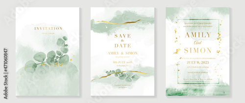 Luxury wedding invitation card background  with golden line art flower and botanical leaves, Organic shapes, Watercolor. Abstract art background vector design for wedding and vip cover template.