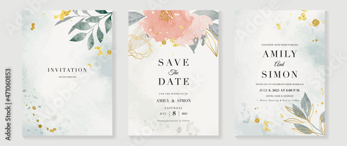 Luxury wedding invitation card background  with golden line art flower and botanical leaves, Organic shapes, Watercolor. Abstract art background vector design for wedding and vip cover template.
