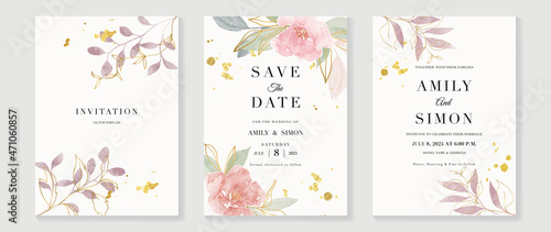 Luxury wedding invitation card background  with golden line art flower and botanical leaves, Organic shapes, Watercolor. Abstract art background vector design for wedding and vip cover template.
