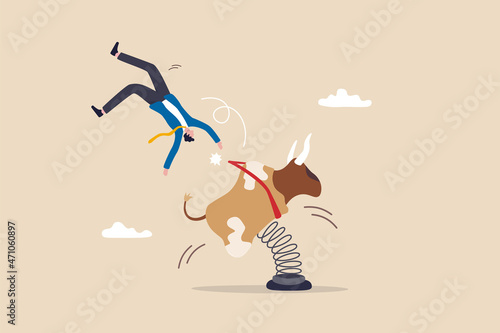 Fall from stock market or crypto bull run, investment failure or financial crisis, trader mistake causing money loss concept, frustrated businessman investor or trader falling from raging rodeo bull.
