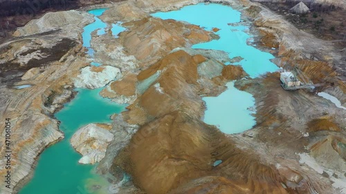 Toxic green water in the quarry, drone view
