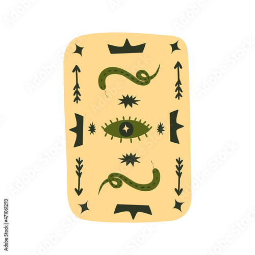 Magic Tarot cards with mystical symbols. Magic occult cards. Mystical divination cards with an eye, a snake and a star. Vector illustration in flat hand drawn cartoon style.
