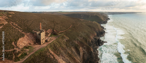 Aerial view of Wheal Coates an old disused factory along the coast near St Agnes, Cornwall, United Kingdom. photo