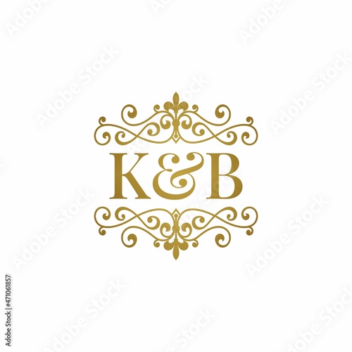 K&B initials logo ornament gold. Letter KB wedding ampersand or business partner symbol.	