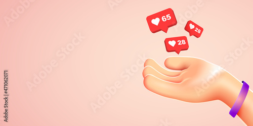 Cartoon hand hold flying like signs. Social media marketing, like notifications.