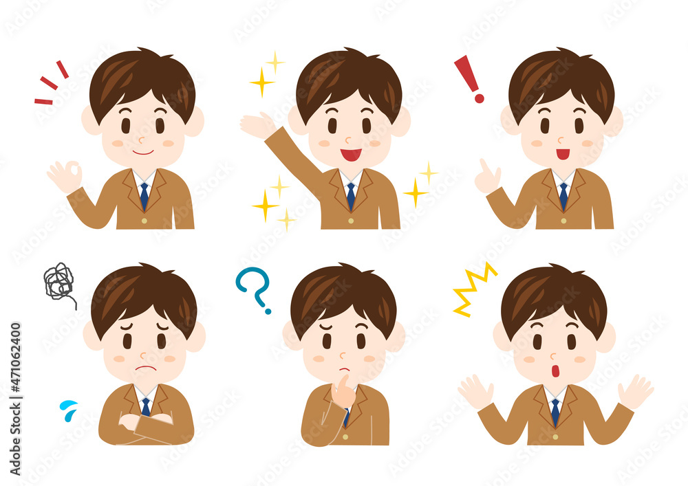 男子高校生の表情イラストセット 男子高校生の表情イラストセット