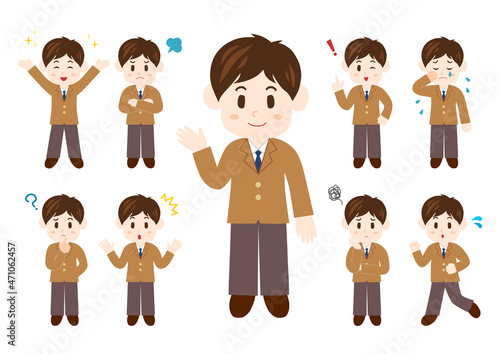 男子高生のポーズと表情のイラスト: 全身セット