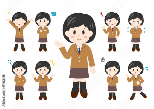 女子高生のポーズと表情のイラスト: 全身セット