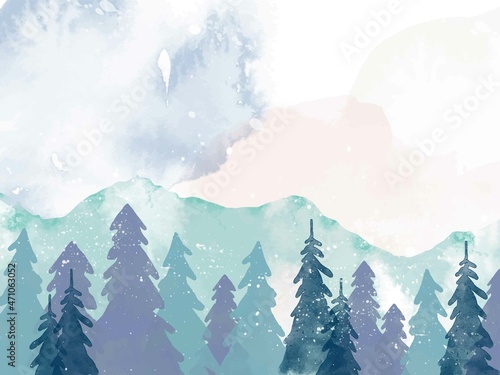 Watercolor winter background with mountain landscape and trees. Winter forest landscape