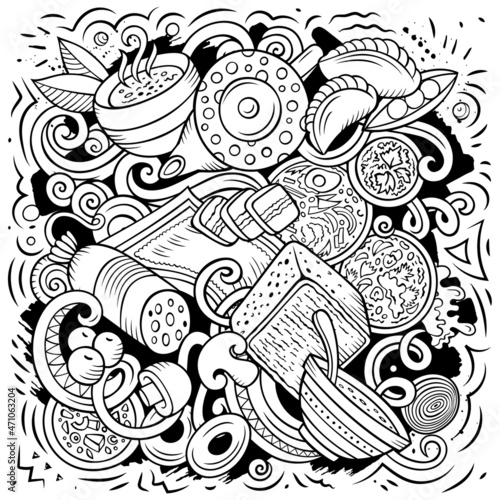 Russian food hand drawn vector doodles illustration.