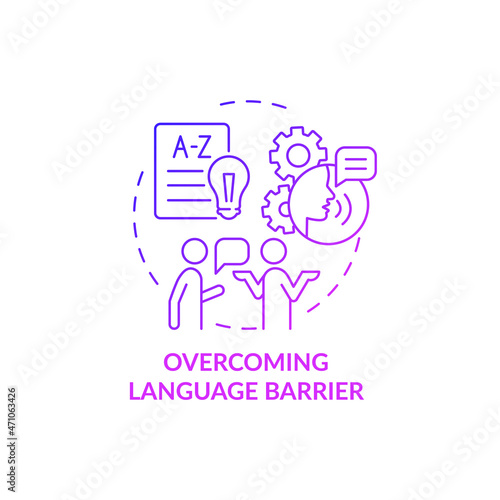 Overcoming language barrier purple gradient concept icon. Expats struggles abstract idea thin line illustration. Learn new language. Cultural difficulties. Vector isolated outline color drawing