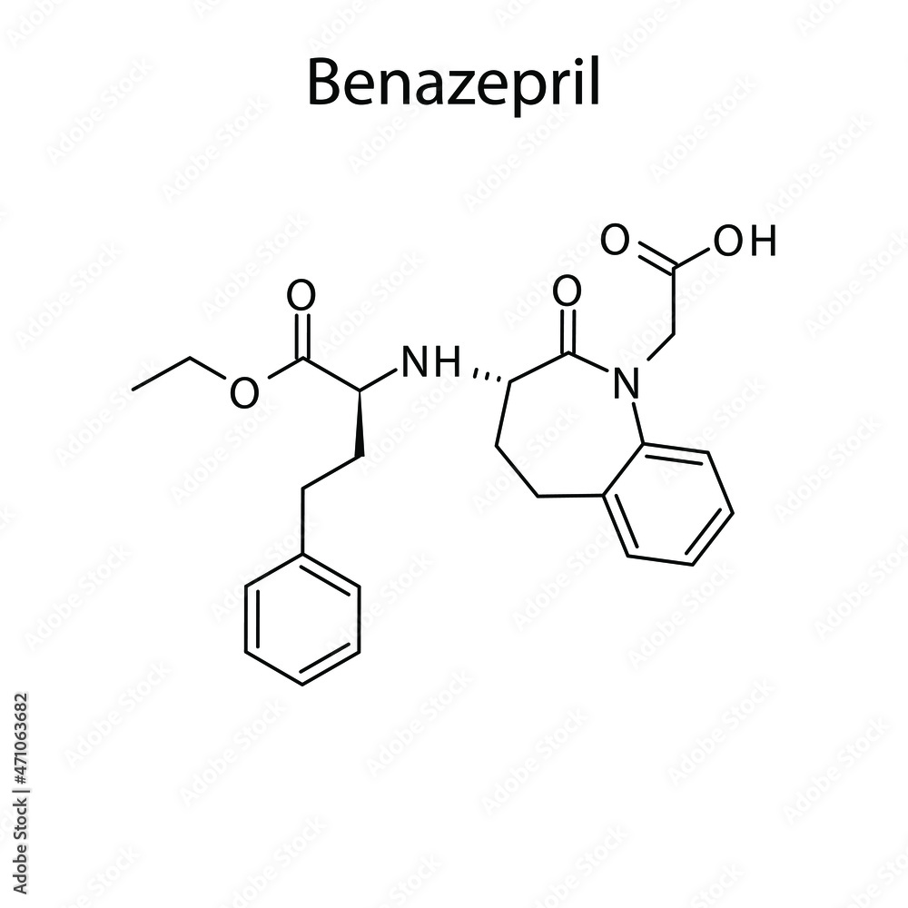 Benazepril molecular structure, flat skeletal chemical formula. ACE inhibitor drug used to treat Hypertension, Heart failure, CAD. Vector illustration.