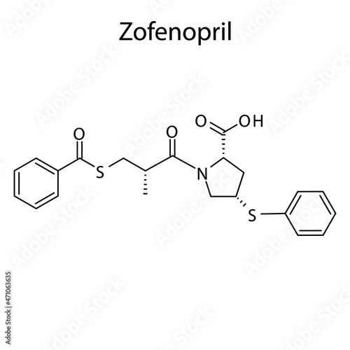 Zofenopril molecular structure, flat skeletal chemical formula. ACE inhibitor drug used to treat Hypertension, Heart failure, CAD. Vector illustration.