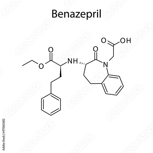 Benazepril molecular structure, flat skeletal chemical formula. ACE inhibitor drug used to treat Hypertension, Heart failure, CAD. Vector illustration.