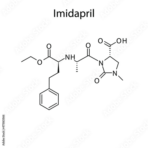Imidapril molecular structure, flat skeletal chemical formula. ACE inhibitor drug used to treat Hypertension, Heart failure, CAD. Vector illustration.