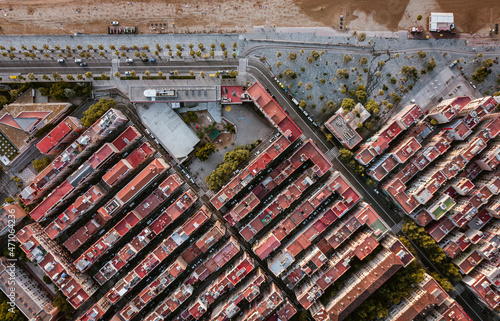 Aerial view of a residential area in Barceloneta district of Barcelona along the beach, Spain. photo