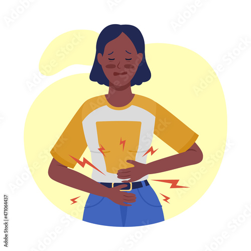 Woman with stomach pain semi flat color vector character. Posing figure. Full body person on white. Post covid syndrome isolated modern cartoon style illustration for graphic design and animation