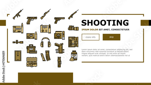 Shooting Weapon And Accessories Landing Web Page Header Banner Template Vector. Pepper Spray And Ammo Box, Centerfire And Rimfire Pistol, Night Vision Scope And Ear Muffs For Shooting Gun Illustration