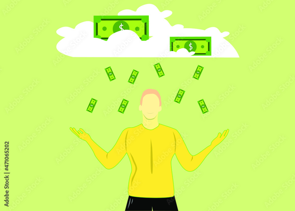 Dollars are raining from dollar clouds and a winner is opening their hands. man making money from online trading. trader making money from cryptocurrencies Dollars are raining from dollar clouds and a winner is opening their hands. man making money from online trading. trader making money from cryptocurrencies