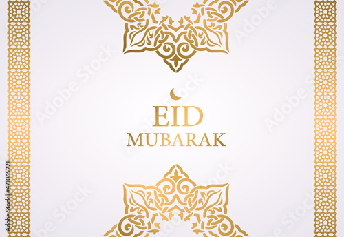 Eid mubarak arabic islamic elegant white and golden luxury ornamental background. Gold arabic ornament greeting card. Golden luxury product label. Web banner, poster, postcard. Icons
