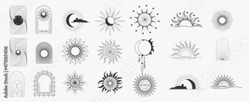 Collection of line design with sun,sea,wave. Bohemian linear logos, icons and symbols, sun design templates. Boho sunrise logo, sun line art vector illustration