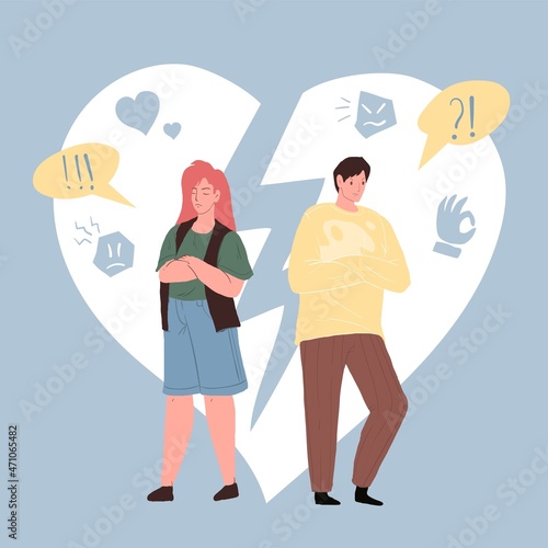 Vector cartoon flat pair of characters quarreling,don't talk with each other in break up scene.Healthy personal relationships,emotions,social behavior and psychology concept,web site banner ad design