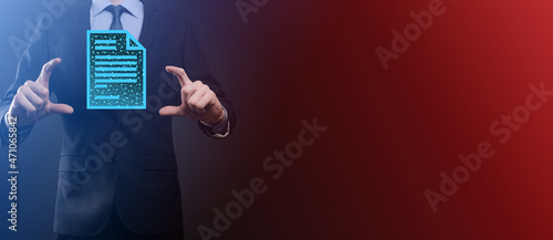 Businessman man holding a document icon in his hand Document Management Data System Business Internet Technology Concept. Corporate data management system DMS.Low poly,polygonal