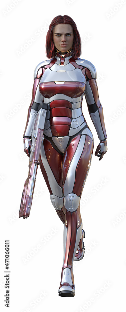 3d illustration of a woman warrior in full body armor and gun on a white background 3d illustration of a woman warrior in full body armor and gun on a white background