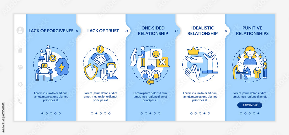Toxic relationship types onboarding vector template. Abusive partner. Responsive mobile website with icons. Web page walkthrough 5 step screens. Abusive partner color concept with linear illustrations