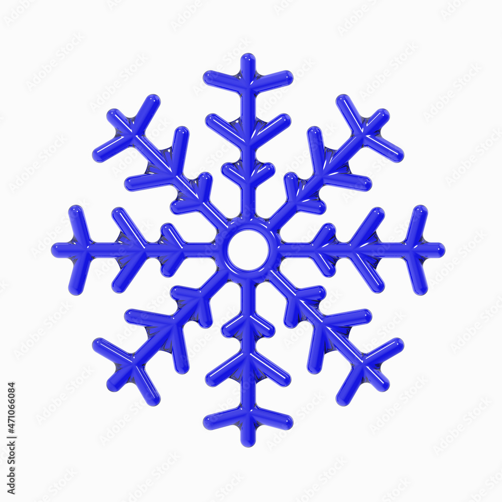 Snowflake made of blue glass on white background. symbol of winter. icy figure with glare. Square image. 3D image. 3D rendering. Snowflake made of blue glass on white background. symbol of winter. icy figure with glare. Square image. 3D image. 3D rendering.