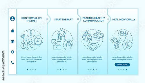 Moving forward onboarding vector template. Start psychotherapy. Responsive mobile website with icons. Web page walkthrough 4 step screens. Breakup recovery color concept with linear illustrations