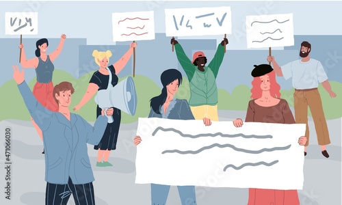 Vector cartoon flat positive characters of different status and races on parade holding banners-diversity,peace day,international friendship and solidarity concept,web site social media design