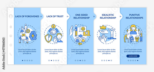 Toxic relationship types onboarding vector template. Abusive partner. Responsive mobile website with icons. Web page walkthrough 5 step screens. Abusive partner color concept with linear illustrations