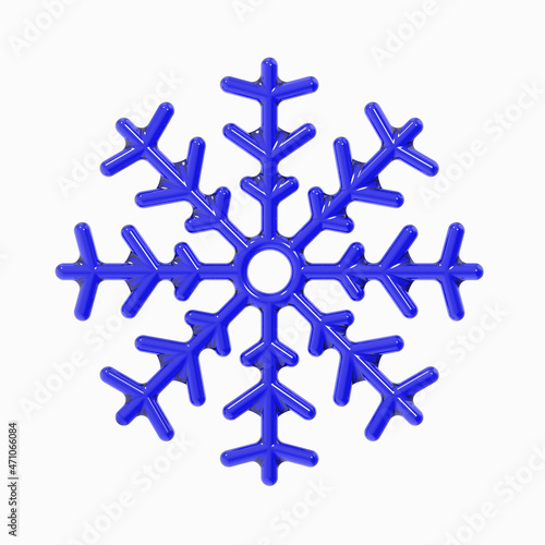 Snowflake made of blue glass on white background. symbol of winter. icy figure with glare. Square image. 3D image. 3D rendering.