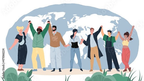 Vector cartoon flat happy smiling characters of different status and races holding hands-people equality,diversity and peace day,international friendship and solidarity social concept,web site design