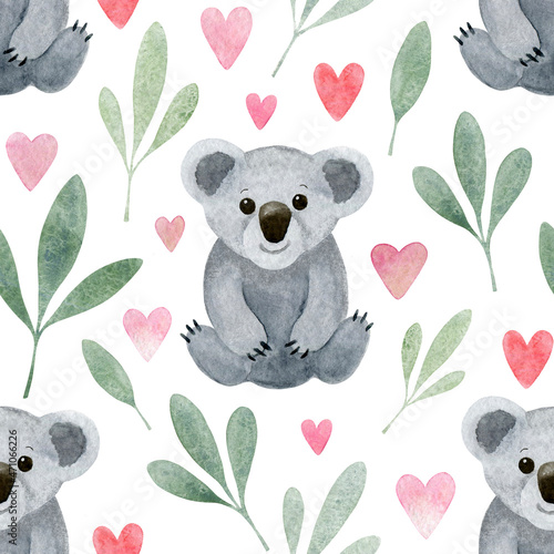 Canvas Print Cute grey koala baby, green leaves, pink hearts isolated on a white background: seamless pattern