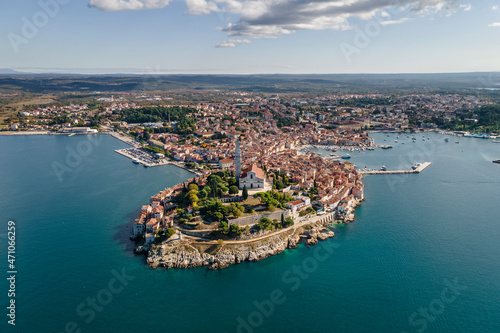 Aerial view of Rovinj old town facing the Adriatic Sea in Istria, Croatia. photo